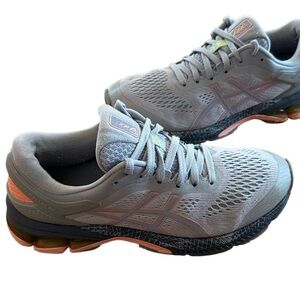 ASICS GEL KAYANO 26 WOMENS RUNNING WALKING GYM SHOES GREY CORAL ORANGE SZ 7.5